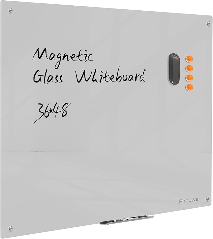 Magnetic Glass Dry Erase Board - White Board 48 x 36 Inch Wall Mounted Glass Whiteboard, Large Frameless Glass White Board for Wall Office, Home & School, Gray