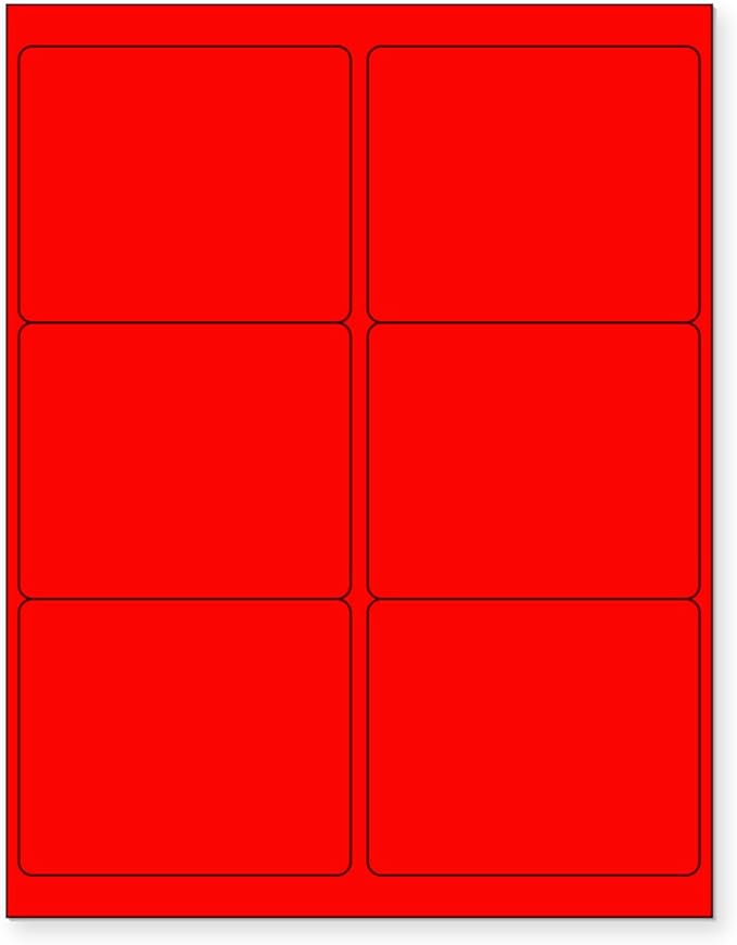 8-1/2 x 11 Neon Color High Light Fluorescent Labels for Laser & Inkjet Printer (Red Fluorescent, 4" x 3-1/3" - 6 Per Page | 600 Labels)