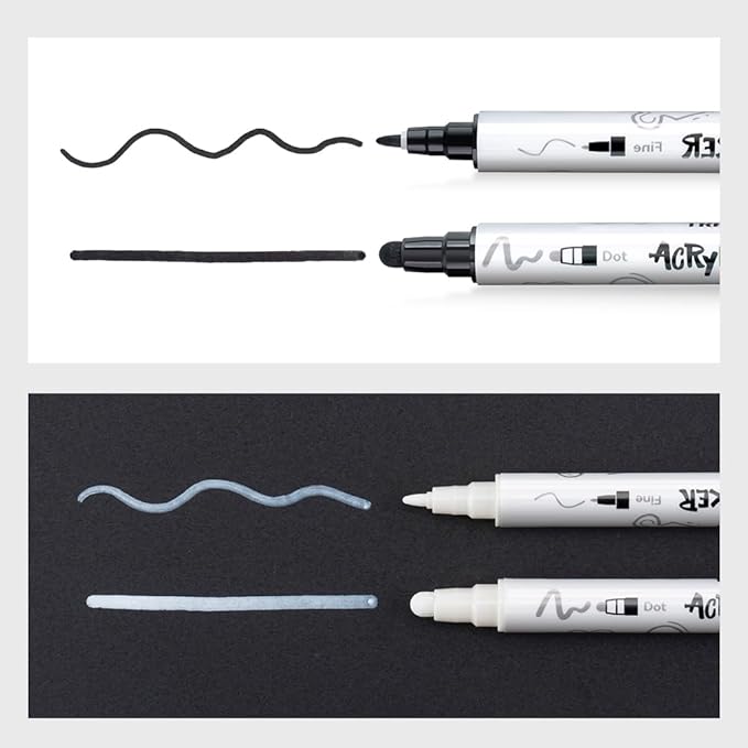 TRANSON 4 Black and 4 White Paint Markers Bold and Fine Dual-tip Acrylic Paint Marker Set for Rock Painting Glass Canvas Wood Leather Ceramic Painting