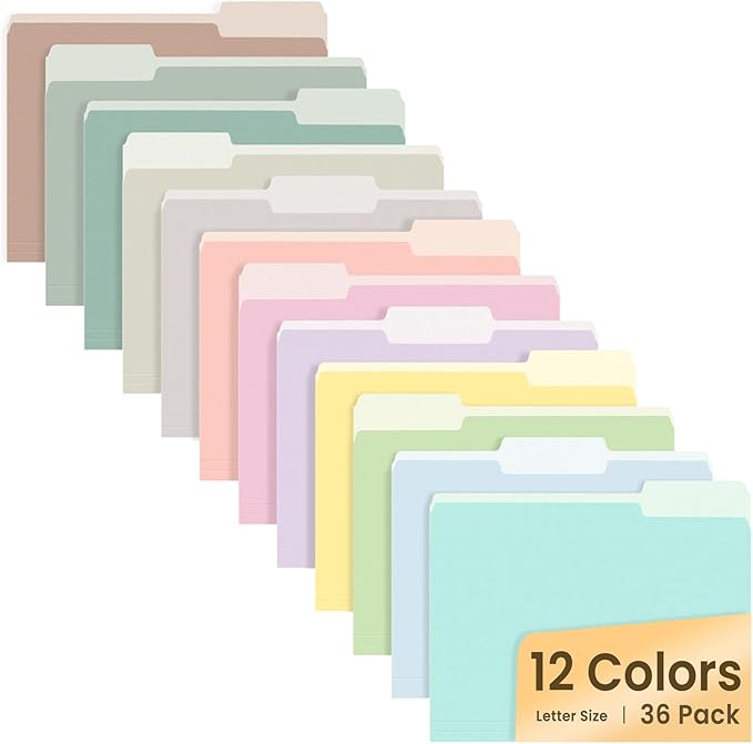 SUNEE File Folders, 36 Pack Manilla Folders 8.5 x 11, 12 Colors Folder Office Organization Home School Folders for Documents Files Paper