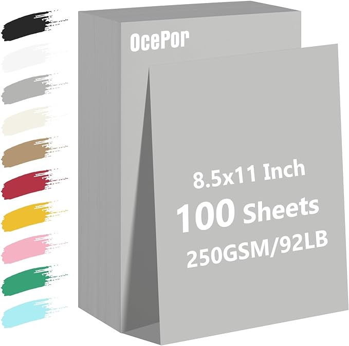 OcePor 100 Sheets Grey Cardstock Paper, Colored Printer Paper 8.5 x 11, Card Stock Thick Construction for Craft,Scrapbook，Office Printing, Invitations, Certificates，92 lb/250gsm