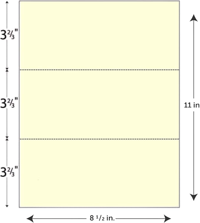 Limited Papers (TM) 8.5x11 Perforated Paper, 20/50 Pound, 75 GSM, Variety of Perforation Sizes and Colors, for Forms, Tickets, Postcards. (White, 3 up - horizontal 3 2/3" and 7 1/3" from bottom)