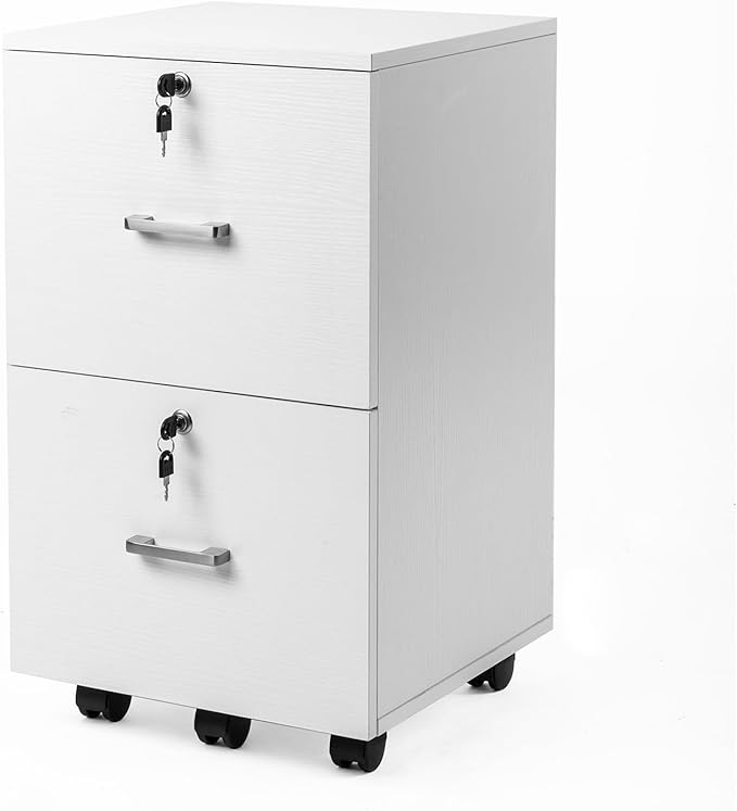 VINGLI 2 Drawer File Cabinet with Lock, Wood Grain White File Cabinets for Letter Size File Folders with Tabs, Mobile Under Desk Filing Cabinets for Home Office, Rolling Filing Cabinet Printer Stand