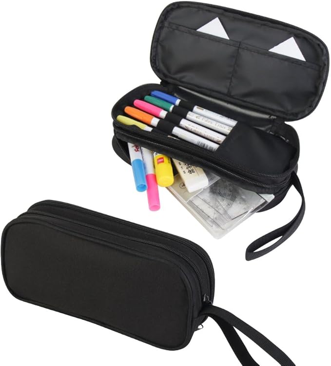 HiMagics Children's Pencil Case, Large Zipper Pencil Pouch for Boys with Two Compartments Boys Pen Pouch for School Cat with Headphones Pencil Bag, Black