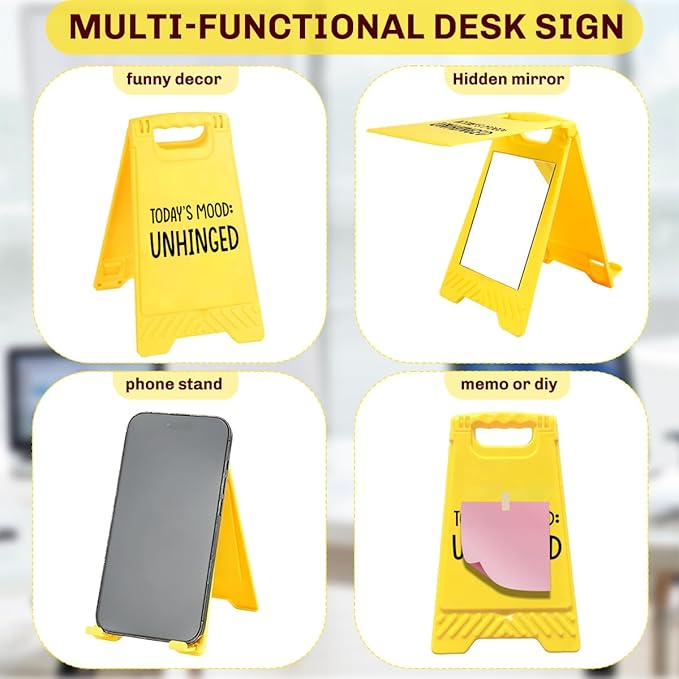 Funny Office Desk Accessories,Motivational Affirmations Office Cubicle Decor,Desk Decor,Phone Holder Mirror Acrylic Table Signs，Daily Desktop Corporate Work Humor Gifts for Coworker Manager(Unhinged)