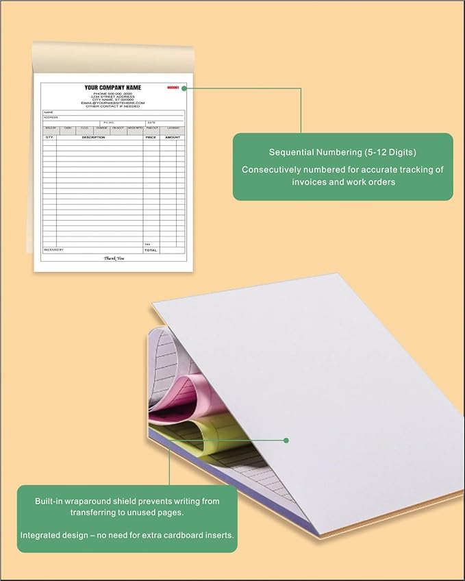 Custom Carbonless Invoice Book with Logo, Personalized Cover & Inner Pages, 2 Part NCR Receipt & Work Order Forms, Easy Tear, Writing Shield for Small Business (2-Part [White/Yellow], 11.8x8.3INCH)