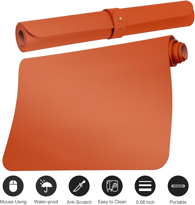 Boutilon Leather Desk Pad Protector,Non-Slip Mouse Pad,Laptop Desk Pad,Office Mouse Mat,Waterproof Leather Desk Blotter,Desk Writing Pad for Office and Home (M-Orange H,30"x14")