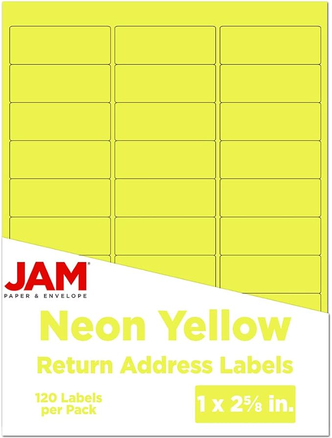 JAM PAPER Return Address Labels - Standard Mailing - 1 x 2 5/8 - Neon Yellow - 120 Shipping Labels/Pack