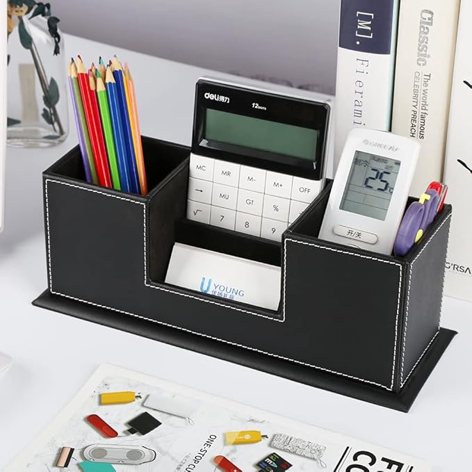 KINGFOM Office Supplies Desk Organizer PU Leather Storage Box 4 Divided Compartments for Pen Business Card Remote Control Mobile Phone Cosmetics Collection Holder (Black)