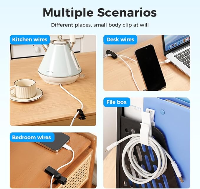 Movable Cord Holder for Nightstand, 2026 New Upgrade Cord Organizer Holder, Cable Organizers USB Cable Holder Wire Organizer Cord Clips, Cable Hider for Home, Office,Cubicle Accessories (6, Black)