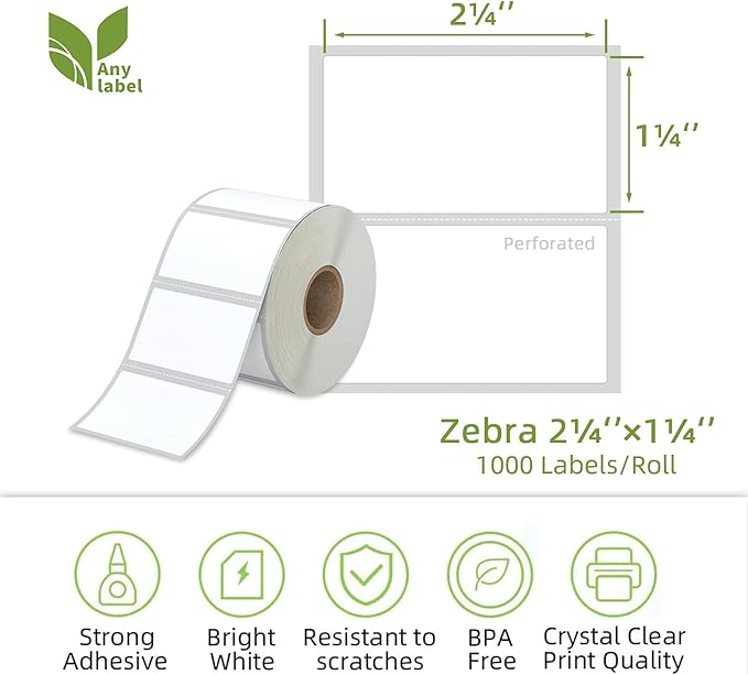 2.25" x 1.25" Direct Thermal Labels - White for Barcode Printing, Compatible With Zebra, Rollo, Munbyn Printers (12 Rolls, 1000 Labels/Roll)