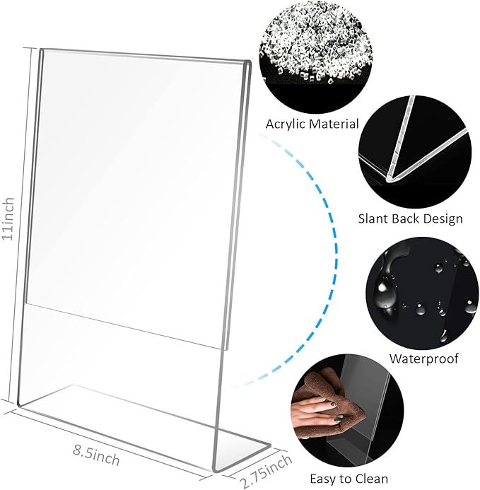 Ludery 8.5x11 Inches Acrylic Sign Slant Back Holder, Plastic Display Stand,Brochure Holder, Table Top Sign Holder For Office, Home, Store, Restaurant (8pack)