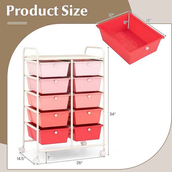 GOFLAME 10-Drawer Rolling Storage Cart, Art Craft Storage Organizer on Wheels, Multipurpose Movable Utility Cart for School, Office and Home, Pink