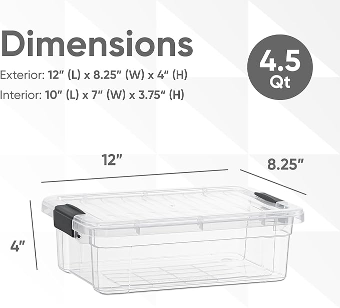 Superio Clear Storage Boxes with Lids, 4.5 Quart Plastic Container Bins for Organizing, Stackable Crates, BPA Free, Non Toxic, Odor Free, Organizers for Home, Office and Dorm, 4 Pack