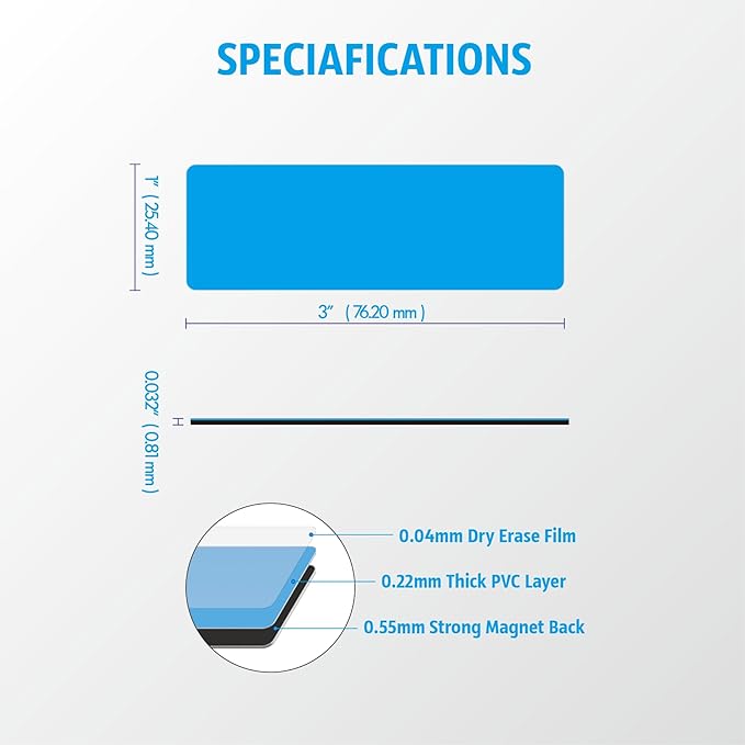 Magnetic Dry Erase Magnets Labels 3x1 inches, Reusable Name Tags, Organizing Schedules in Office/Classroom. Work on Fridge/White Board (Cyan 60Pcs)