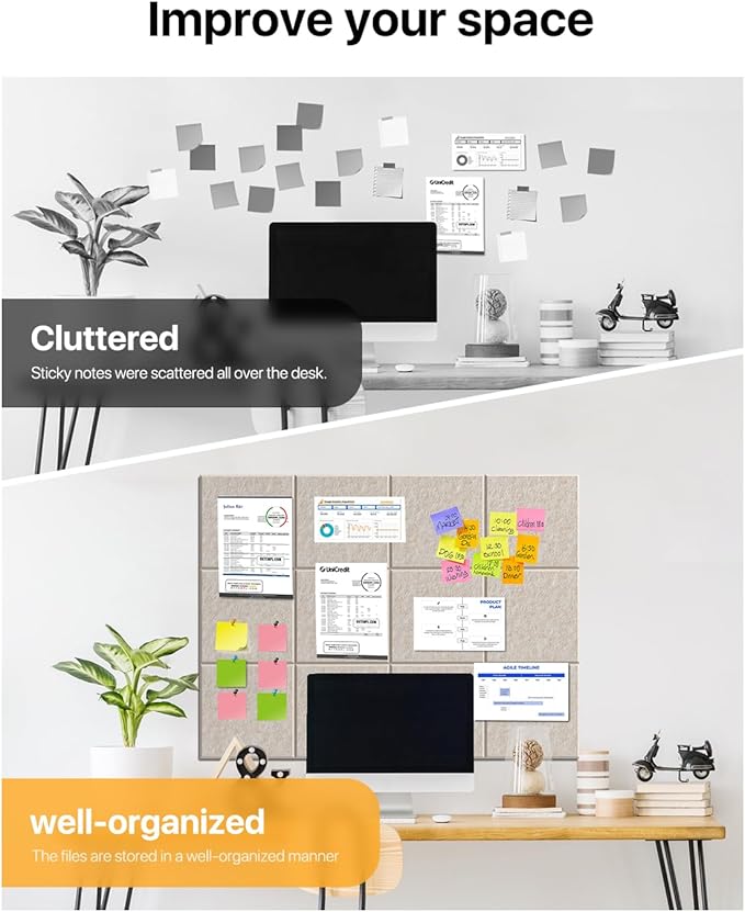 Large Cork Boards for Walls, 47"x35" Bulletin Board, 12-Pack Felt Wall Tiles with 60 Adhesive Tabs, Cork Boards for Office Decor, Felt Board Alternative Pin Board