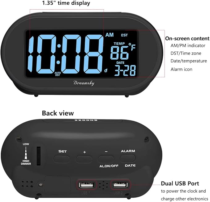 DreamSky Alarm Clocks for Bedrooms, Auto Set Digital Desk Clock for Bedside Nightstand, Electric Clock with Dimmable Brightness Dimmer, Auto DST, USB Port, Date, Temperature, Snooze