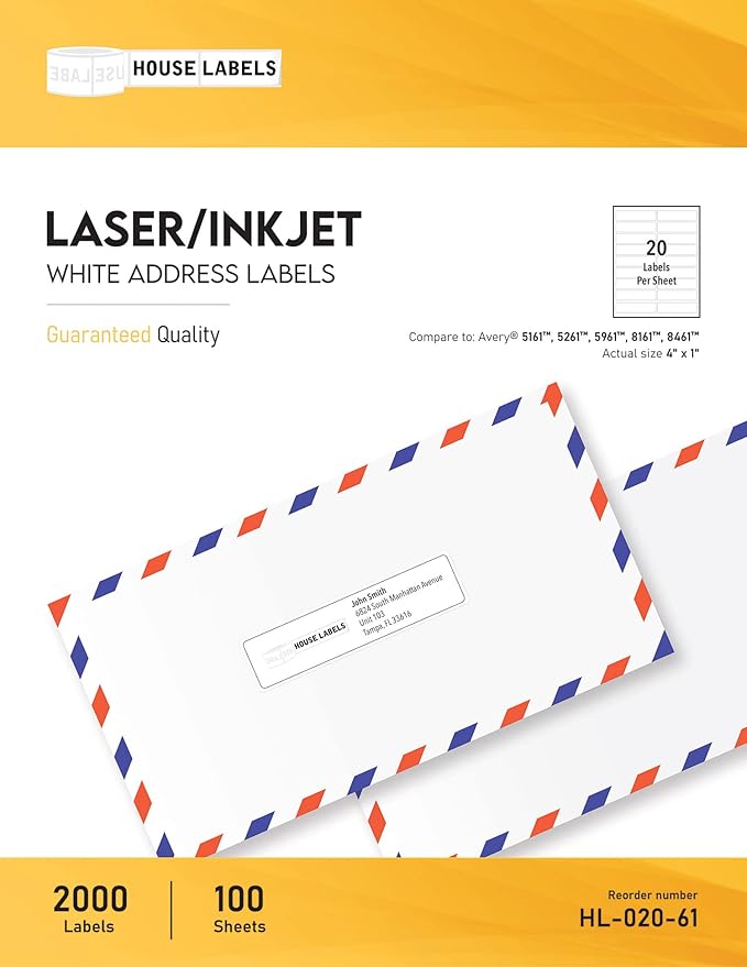 HOUSELABELS 20-up Shipping Labels (4" x 1") for Laser and Inkjet Printers, 1200 Sheets