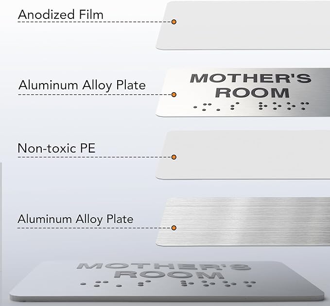 Mothers's Room Signs with Raised Text & Grade 2 Braille, Brushed Aluminum/Silver Finish Easy Install with Double-Sided Tape, ADA Compliant Mothers's Room Door Sign for Businesses & Offices