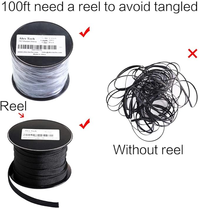 100ft - 1/2 inch PET Expandable Braided Sleeving – Black – Alex Tech Braided Cable Sleeve