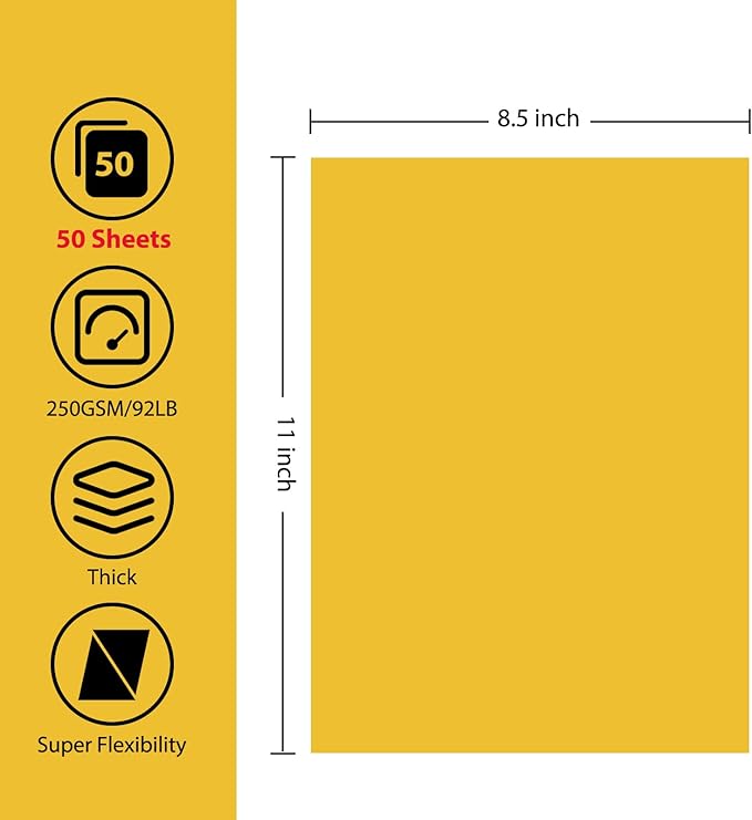 OcePor 50 Sheets Yellow Cardstock Paper, Colored Printer Paper 8.5 x 11, Card Stock Thick Construction for Craft,Scrapbook，Office Printing, Invitations, Certificates，92 lb/250gsm