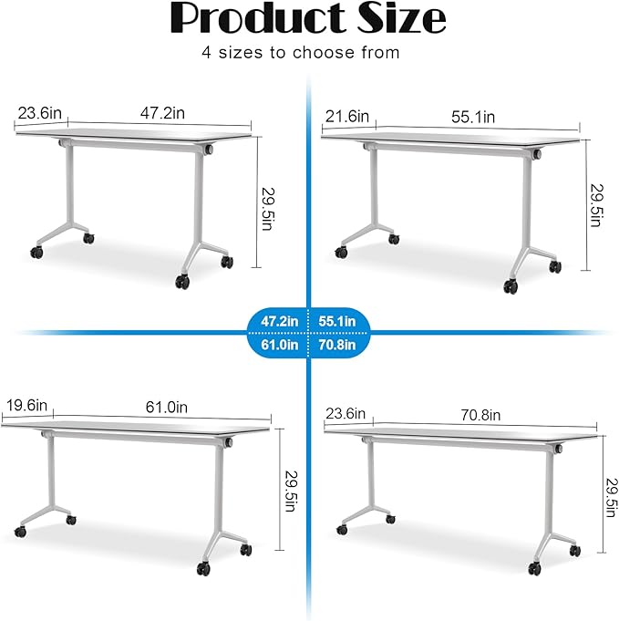 Conference Table Flip Top Mobile Conference Room Tables,Folding Conference Table with Wheels,Large Meeting Training Seminar Table Saving Space for Office Classroom (2, White, 47.2'')