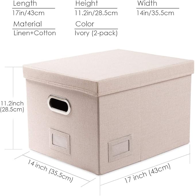PRANDOM File Organizer Box - Set of 2 Collapsible Decorative Linen Filing Storage Hanging File Folders with Lids Office Cabinet Letter/Legal Size Light Grey (17x14x11.2 inch)