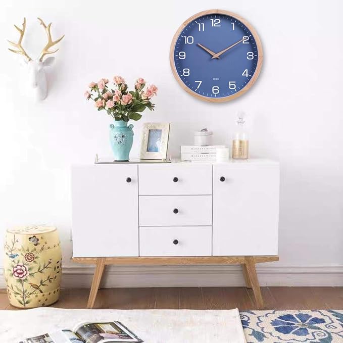 Kesin Wall Clock 12 Inch Silent Non Ticking Wood Wall Clocks Battery Operated - Wooden Blue Modern Simple Clock Decorative for Kitchen,Living Room,Bedroom,Kid’s Room