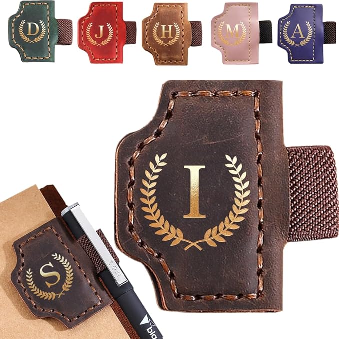 Personalized Mark Bookmark with Pen Holder, Leather Magnetic Book Marker 26 Letters,Custom Initials Page Marks, Gifts for Book Lovers Readers Men Women (Coffee, I)