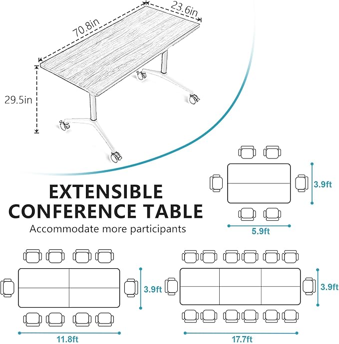 Goakwwuz Conference Room Table, Folding Conference Tables,Thicken Grey Tabletop,Flip Top Wooden Seminar Meeting Room Table for Conference Room Offices (4, Black, 70.8”)