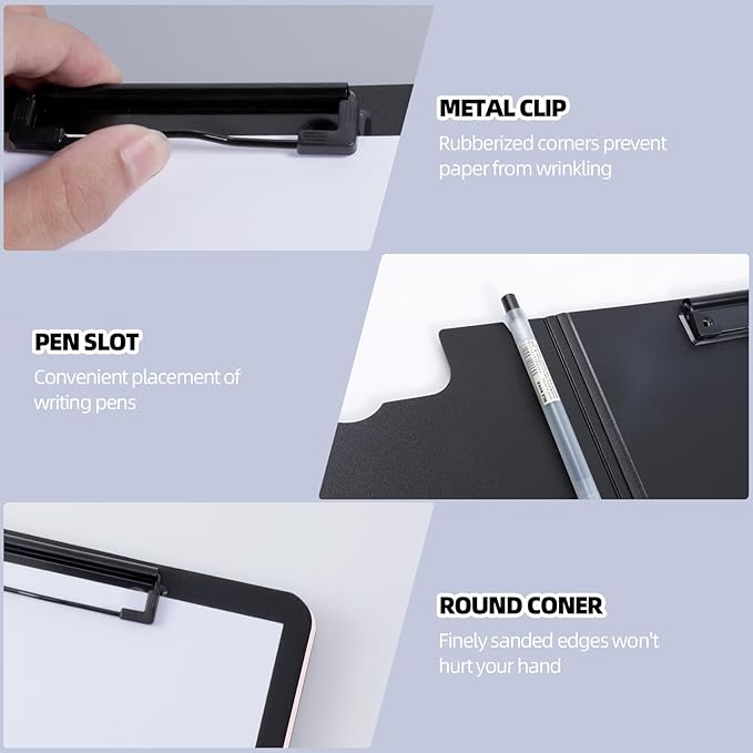 FRETONBA Clipboard Folder, A4 Foldable Clipboard with Horizontal and Vertical Double Metal Clips, 360 Degree Foldable Binder Clipboards with Pen Holder, File Cover Work Folder Clipboards, Pink