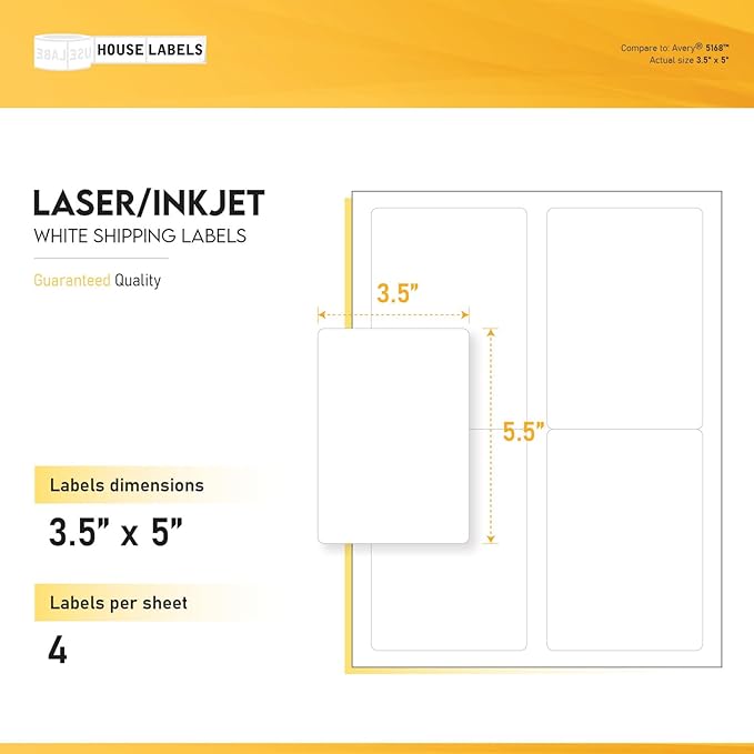 HOUSELABELS 4-up Shipping Labels (3-1/2" x 5") for Laser and Inkjet Printers, 2300 Sheets
