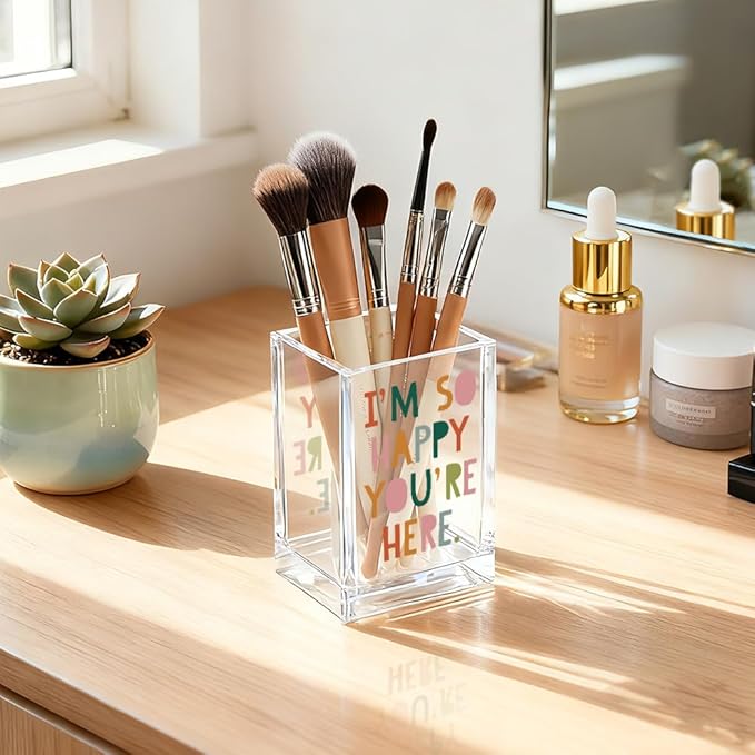 QYUVK I'm So Happy You're Here Acrylic Cosmetic Pencil Holder Cup, Funny Boho Pen Holder for Women, Home Office Classroom Desk Accessories, Inspirational Gifts for Daughter, Make up Brush Organizer
