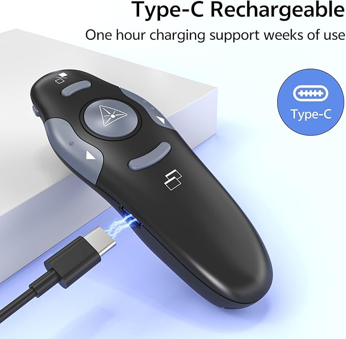 Presentation Clicker with Case Storage: PowerPoint Wireless Presenter Remote USB Type C Rechargeable Red Laser Pointer Clickers for Computer Project Mac PPT Slideshow Google Slide Advancer