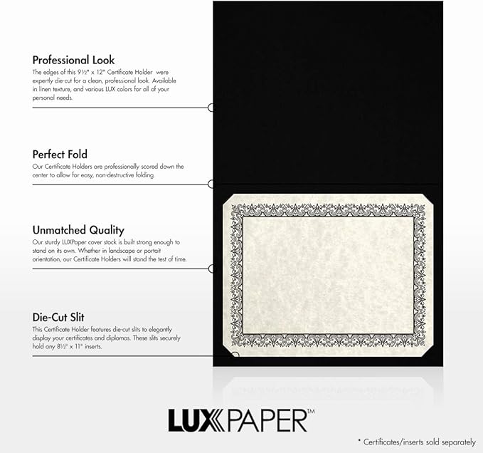 LUXPaper 9.5" x 12" Certificate Holders | Black Linen | Embossed Gold Foil Border | 100lb. Cover | 250 Qty