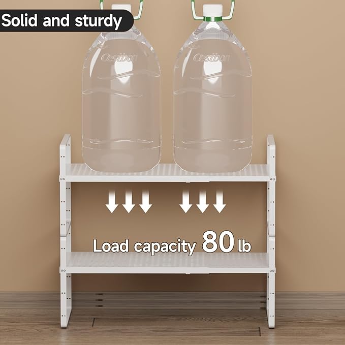 jkxoo 2Pack Expandable Cabinet Countertop Shelves 16.5-27’’L, Adjustable Metal Spice Rack Organizer, Stackable Kitchen Counter Storage Shelves Organizers for Cabinet Organization, White