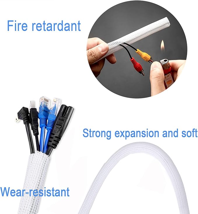 QCSIW 25ft 1 Inch White Cable Sleeve – Split Wire Loom Tubing Cord Protector – Flame Retardant Polyester Cable Cover for Desk, TV, PC Setup – Protects Cords from Pets & Organizes Wires