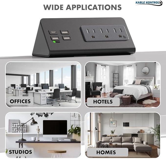 Kable Kontrol Desk Clamp Power Strip with USB-C Port, Nightstand Charging Station, 3 AC Outlets, 3 USB-A Ports, Fast Charger, Easy Installation for Home, Offices, Hotels – 4.9 Ft, White, 1 Pc