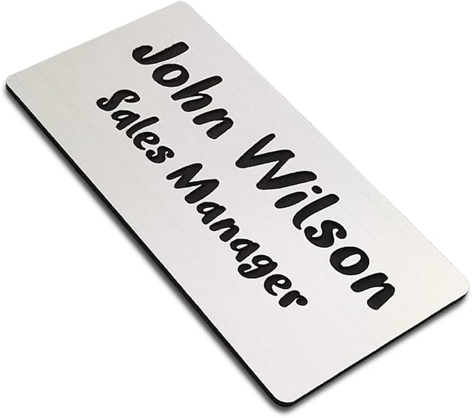 SINYUDUN Custom Engraved Name Tag Badges, Personalized Identification with Pin, Magnetic, Adhesive, or Blank Backing, 1.5"x3", Silver Text