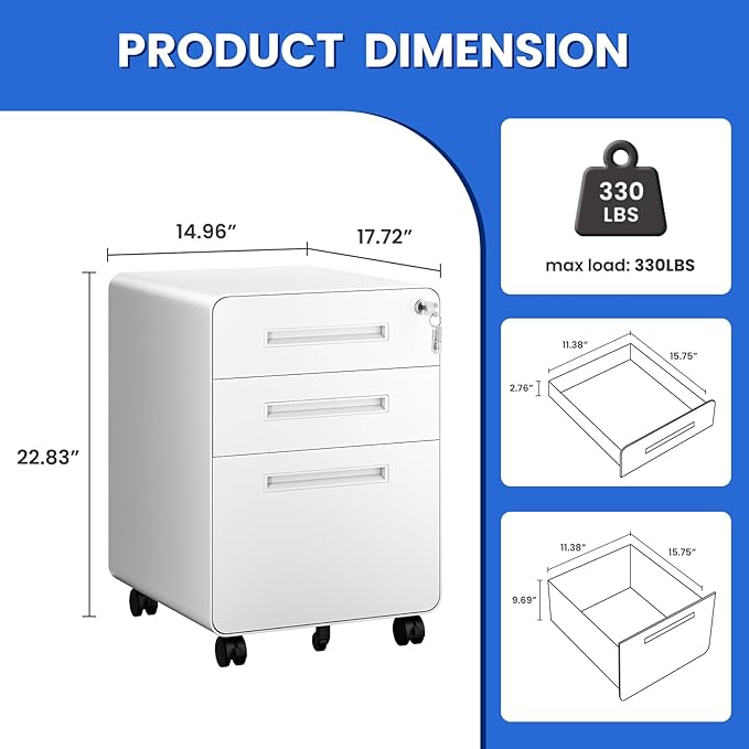 MIIIKO Mobile Filing Cabinet 3 Drawer, White Small File Cabinet with Lock Under Desk, Filing Cabinets for Home Office with Wheels, A4/Letter/Legal Hanging File Folders