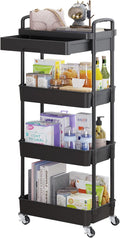 Calmootey 4-Tier Rolling Utility Cart with Drawer,Multifunctional Storage Organizer with Plastic Shelf & Metal Wheel,Storage Cart for Kitchen,Bathroom,Living Room,Office,Black
