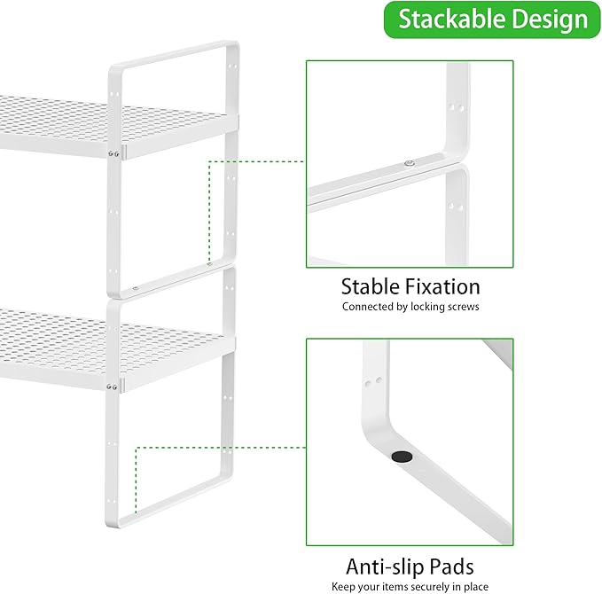 SOFRON Expandable Cabinet Storage Shelf Stackable Organizer Rack for Kitchen Bathroom Pantry Spice Cupboard Coffee Countertop Home Office Desk Heavy Duty Nonslip White Large 1 Pack
