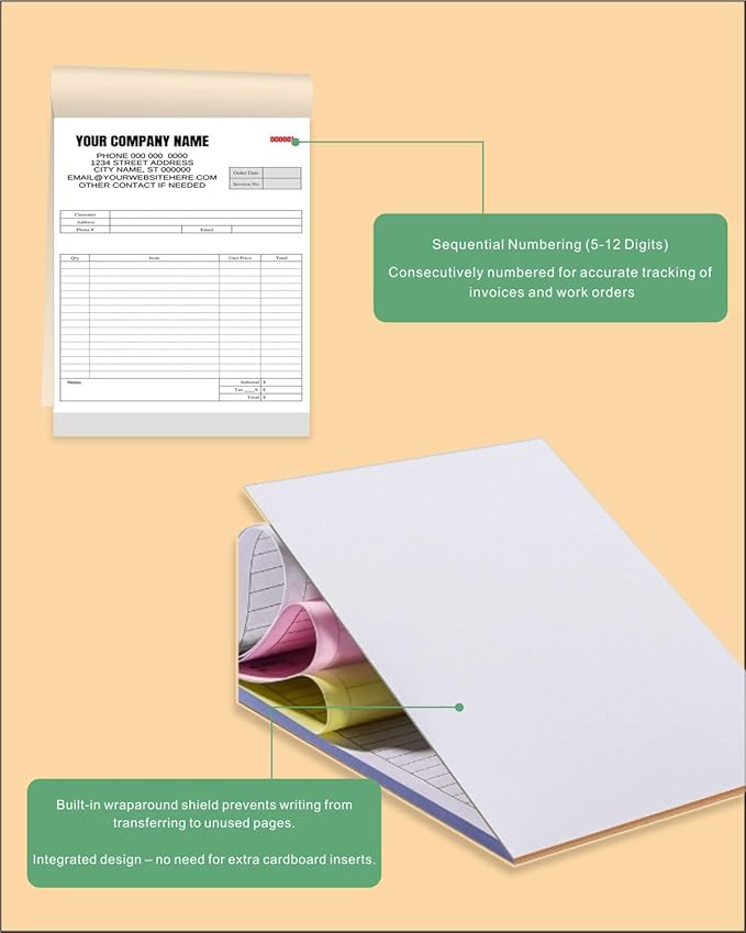 Custom Carbonless Invoice Book with Logo, Personalized Cover & Inner Pages, 2 Part NCR Receipt & Work Order Forms, Easy Tear, Writing Shield for Small Business (2-Part [White/Blue], 8.3 x 5.5INCH)