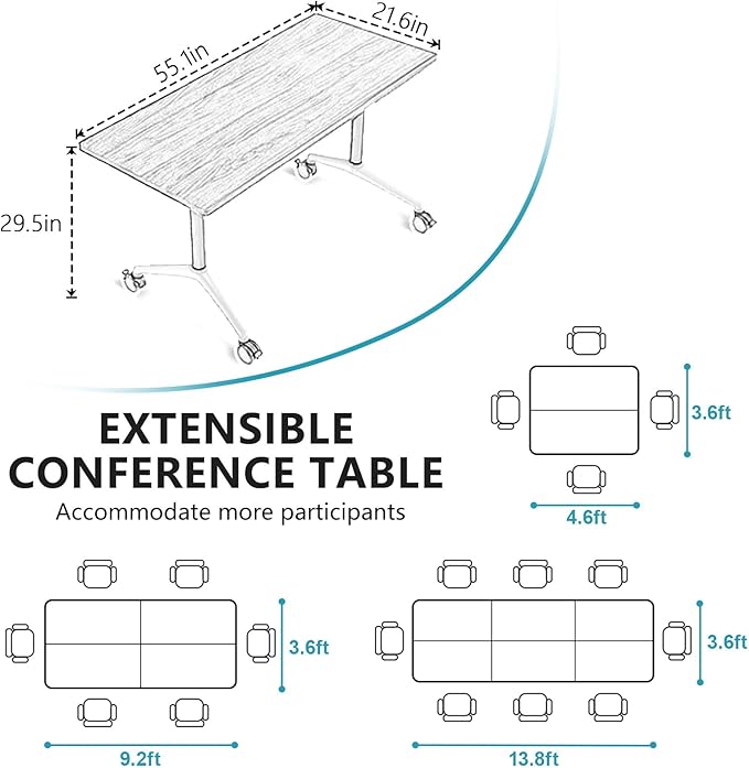 Goakwwuz Conference Room Table, Folding Conference Tables,Thicken Grey Tabletop,Flip Top Wooden Seminar Meeting Room Table for Conference Room Offices (10, Black+White, 55.1”)