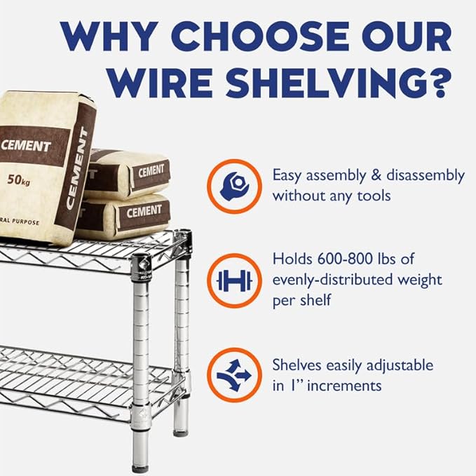 Shelving Inc. 8" d x 48" w Chrome Wire Shelving with 3 Tier Shelves, Weight Capacity 800lbs Per Shelf