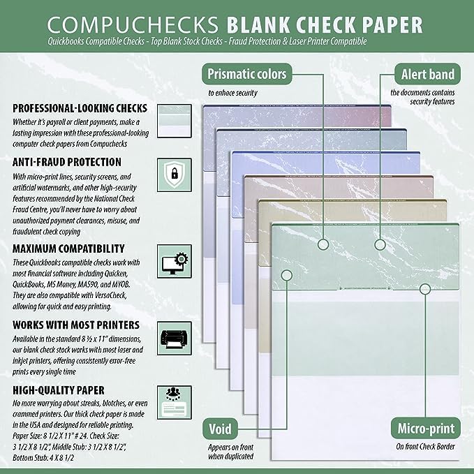 Compuchecks Check on Top Blank Check Paper - 25 Pack, Quick-Books & Laser Printer Compatible - Security Business Checks with Voucher - 8.5" x 11" Blue Marble