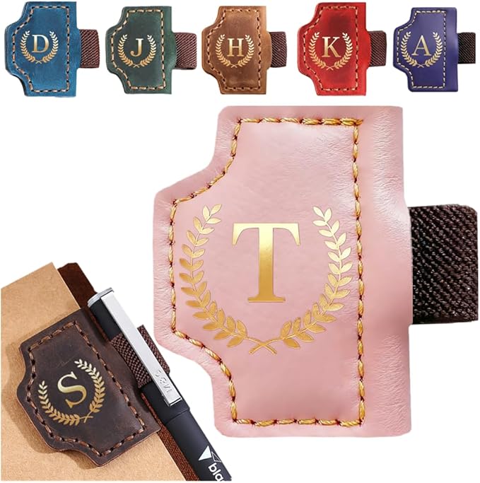 Personalized Mark Bookmark with Pen Holder, Leather Magnetic Book Marker 26 Letters,Custom Initials Page Marks, Gifts for Book Lovers Readers Men Women (Pink, T)