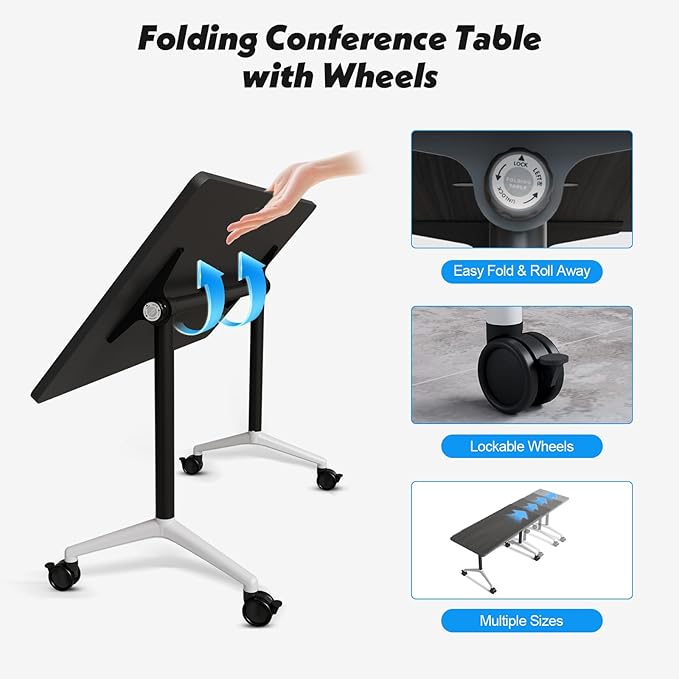 Goakwwuz Conference Room Table, Folding Conference Tables,Thicken Grey Tabletop,Flip Top Wooden Seminar Meeting Room Table for Conference Room Offices (6, Grey, 70.8”)