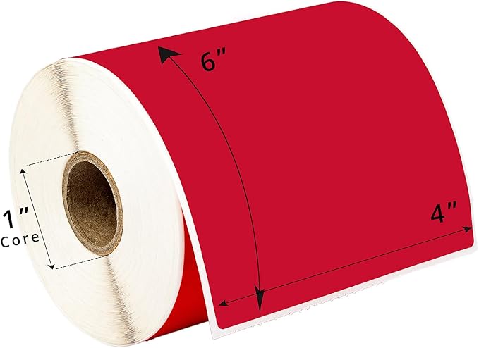 HOUSELABELS 4" x 6" Red Shipping Labels on 1" Core Compatible with Zebra and Rollo Printers, 4 Rolls / 250 Labels per Roll