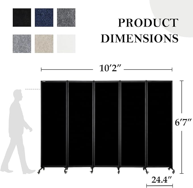 Upgrade Version Room Partition and Divider, Freestanding Rolling Dividers with Wheels,Office Privacy Screen Divider Wall,Classroom Felt Dividers,10'6"L* 6'7"H,5 Panel,Black